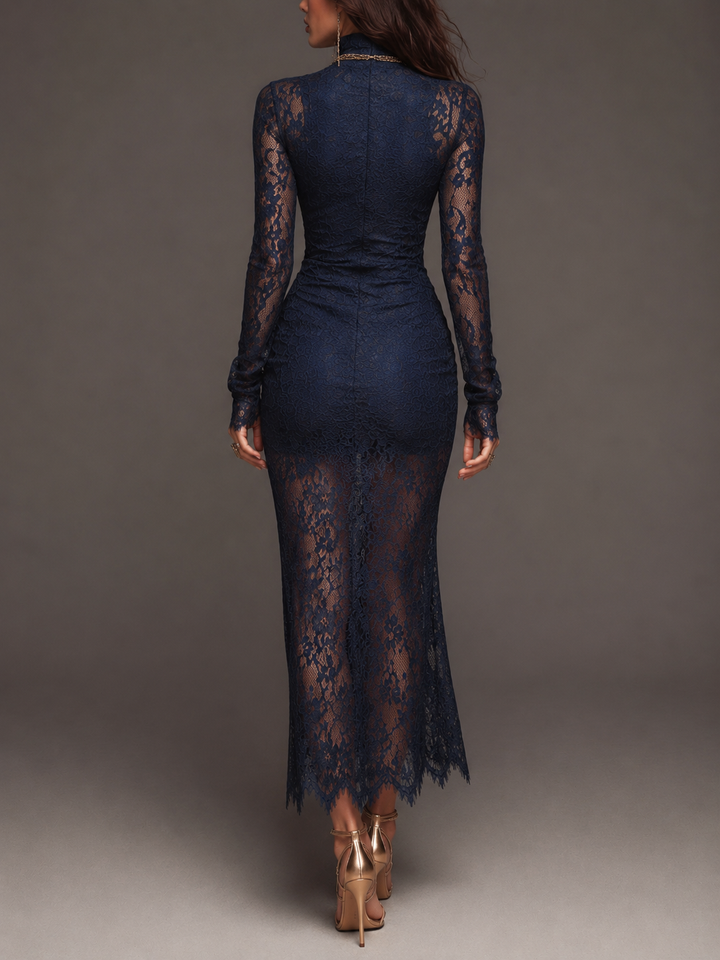 Ρομαντικό Μποέμ Midi Bodycon Φόρεμα με Υψηλό Λαιμό, Μακριά Μανίκια και Σκαλιστό Λουλουδάτο Δαντελένιο Σχίσιμο