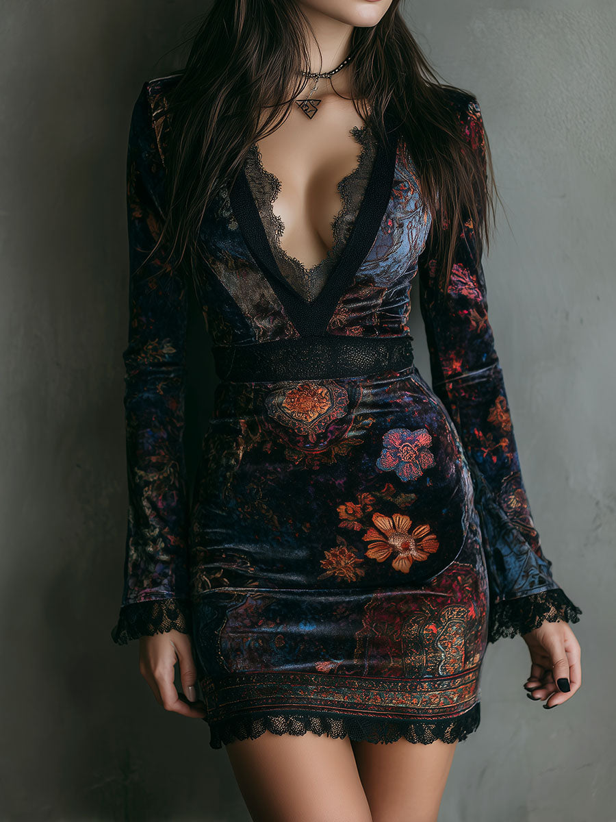 Βελούδινο Μίνι Φόρεμα Bodycon με Λουλούδια και Δαντέλα σε Σχήμα V