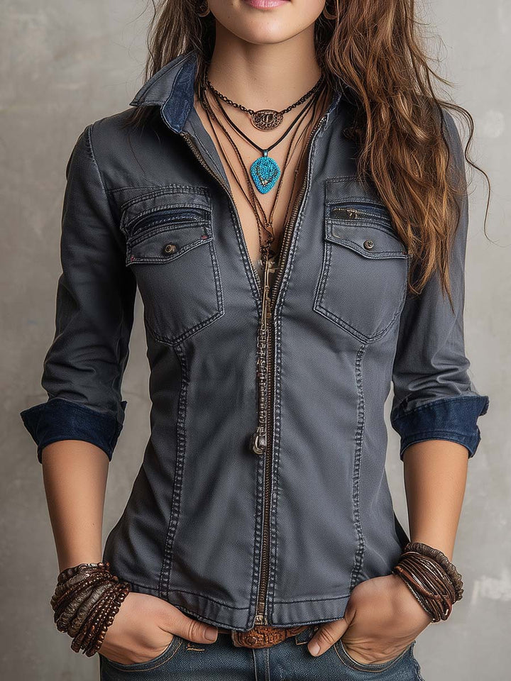 Retro Distressed Zip-Up Long Sleeve Denim Shirt