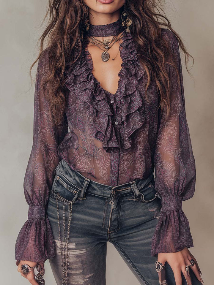 Retro Paisley Print Chiffon Blouse with Ruffled Collar