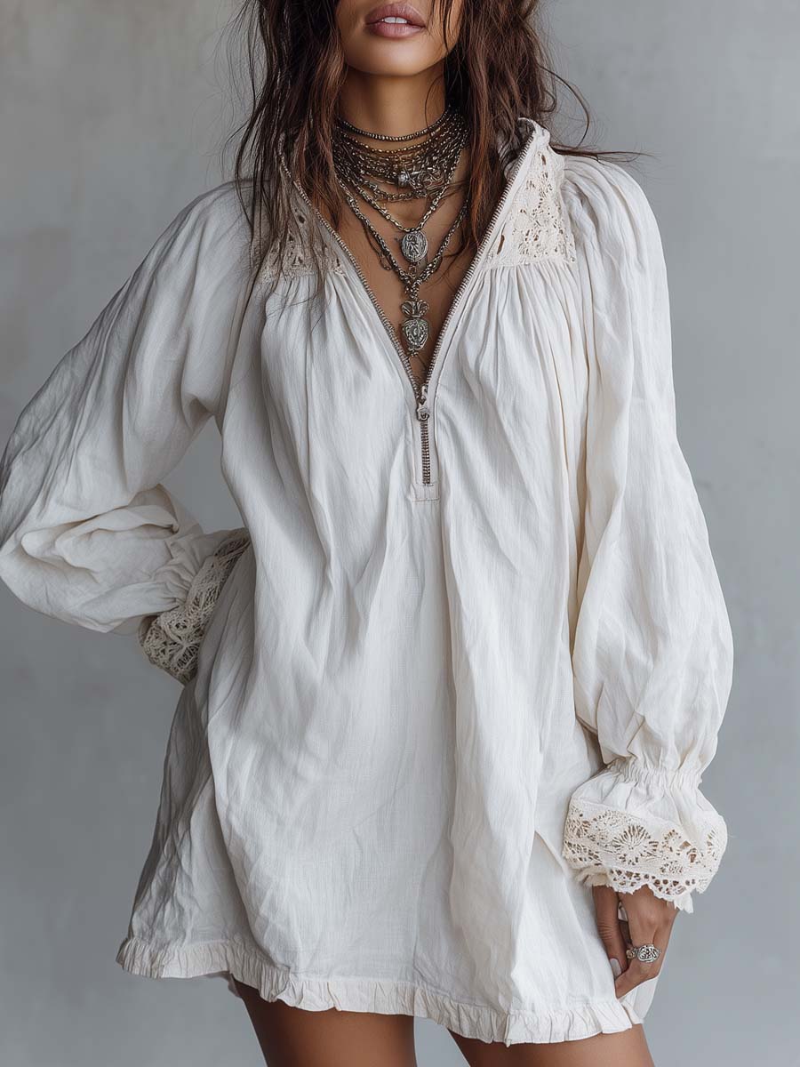 Retro-Inspired Zip-Up Collar White Mini Dress with Lace Trim