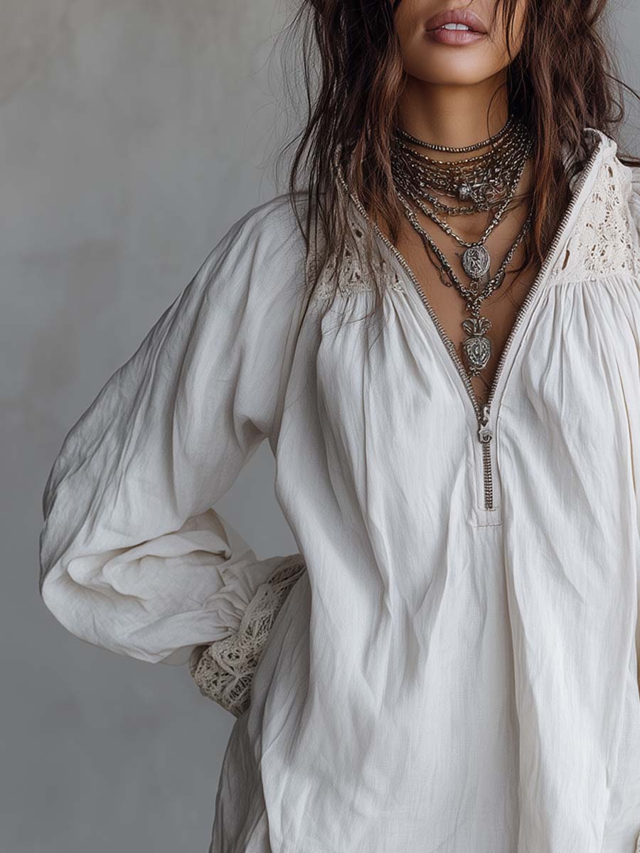 Retro-Inspired Zip-Up Collar White Mini Dress with Lace Trim