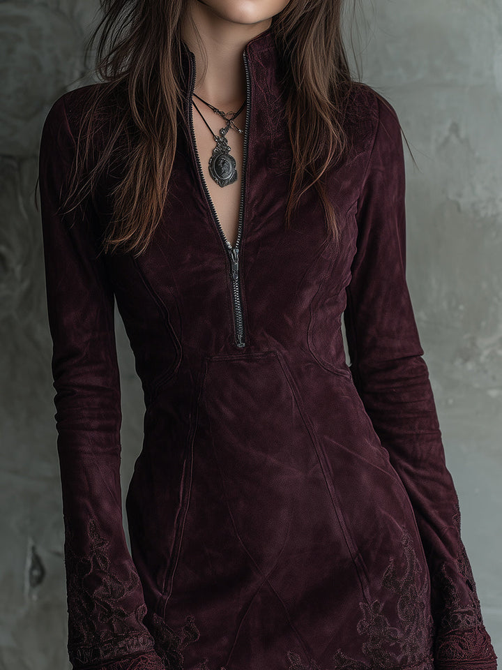 Retro Suede Mini Dress with Embroidered Lace Trim