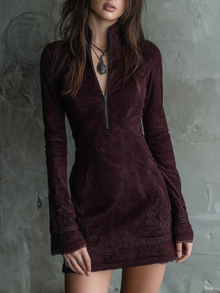 Retro Suede Mini Dress with Embroidered Lace Trim