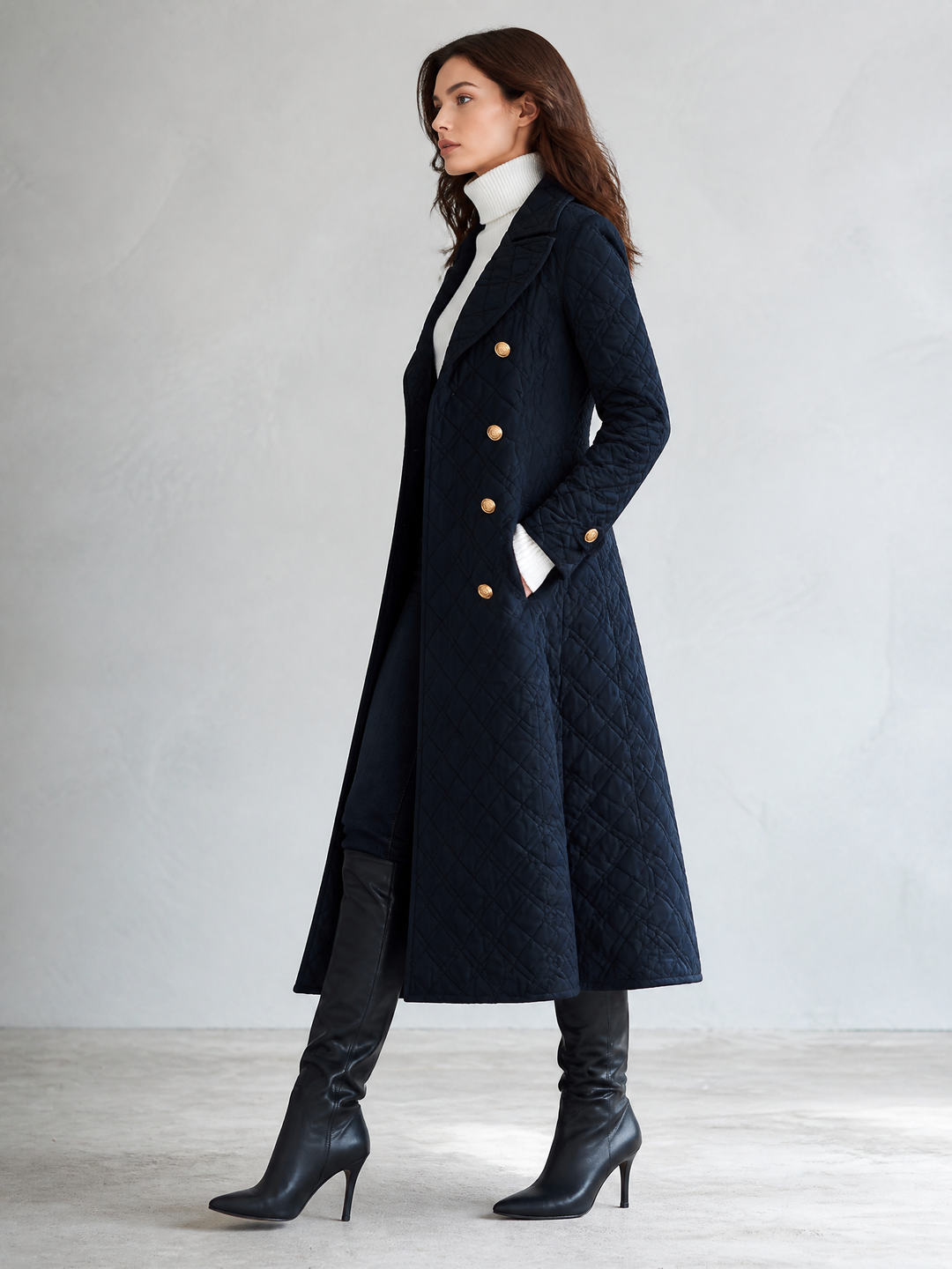 Retro Bohemian Midnight Quilted Double-Breasted Duster Jacket