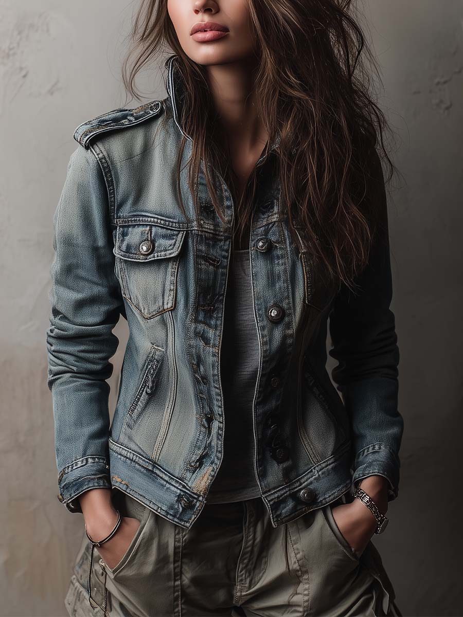 Πλυμένο και Φθαρμένο Τζάκετ Denim με Επικαλύψεις