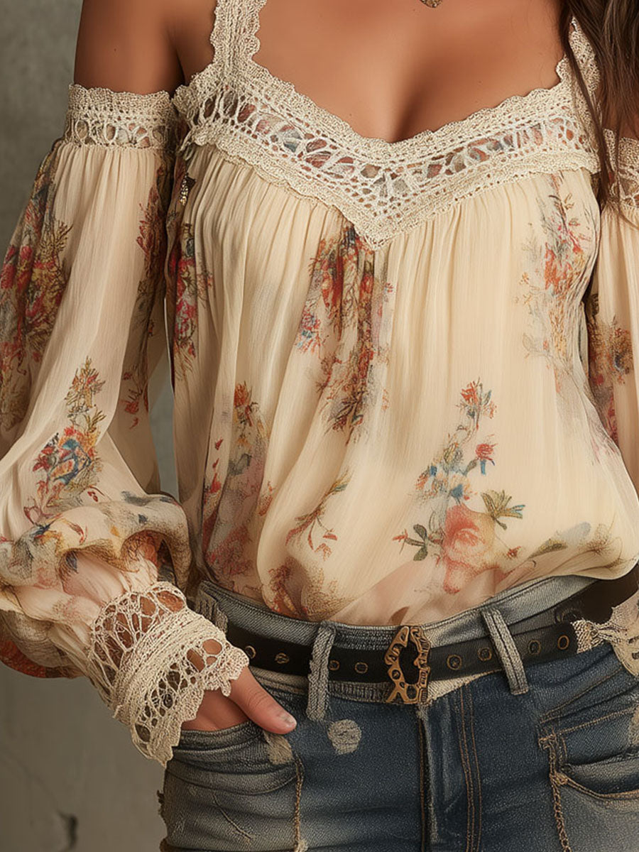 Vintage Boho Λουλουδάτη Μπλούζα με Δαντέλα και Ανοιχτούς Ώμους