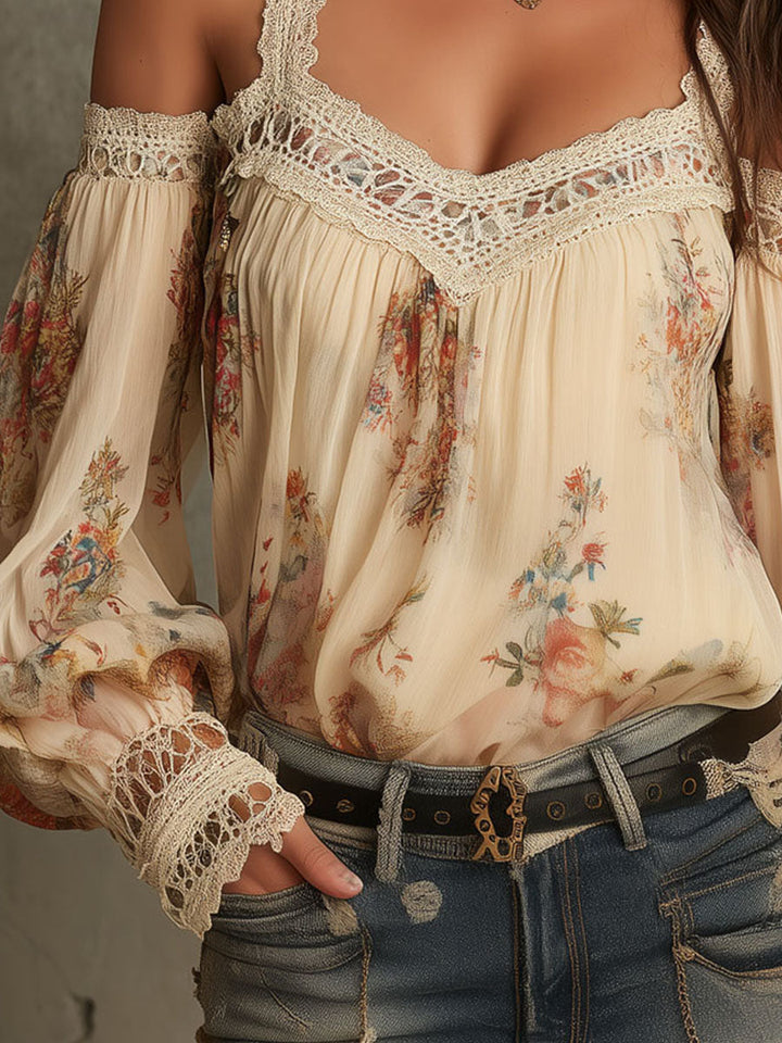 Vintage Boho Λουλουδάτη Μπλούζα με Δαντέλα και Ανοιχτούς Ώμους