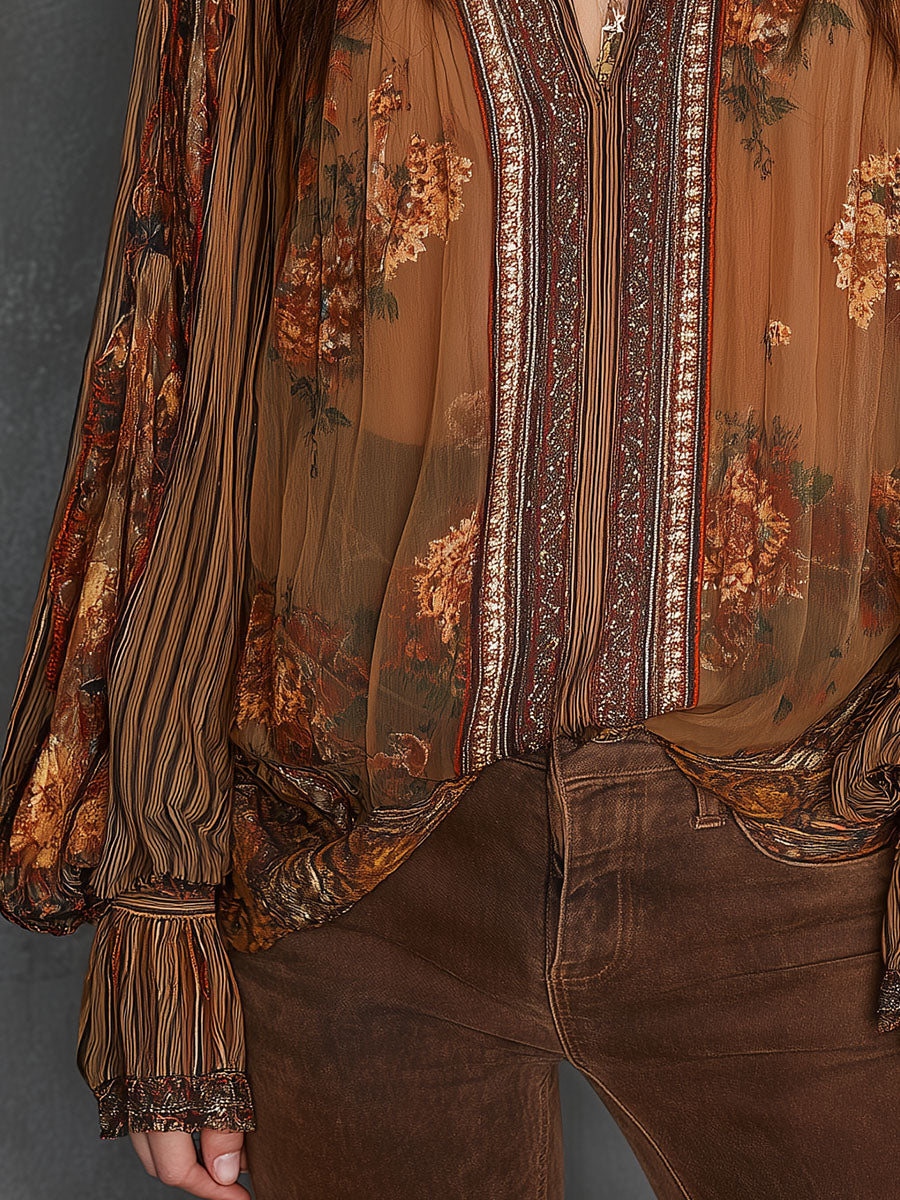 Vintage Boho Διαφανής Μπλούζα με Λουλούδια και Φουσκωτά Μανίκια