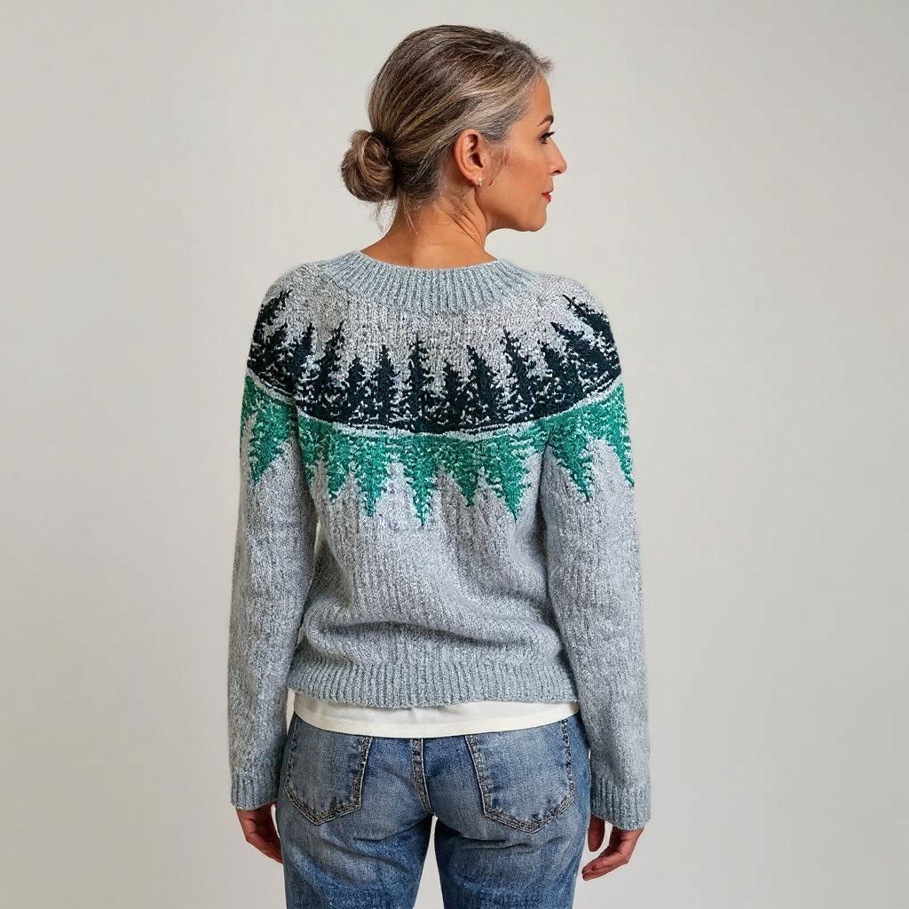 Γκρι πλεκτό πουλόβερ με μοτίβο δάσους σε πράσινες αποχρώσεις