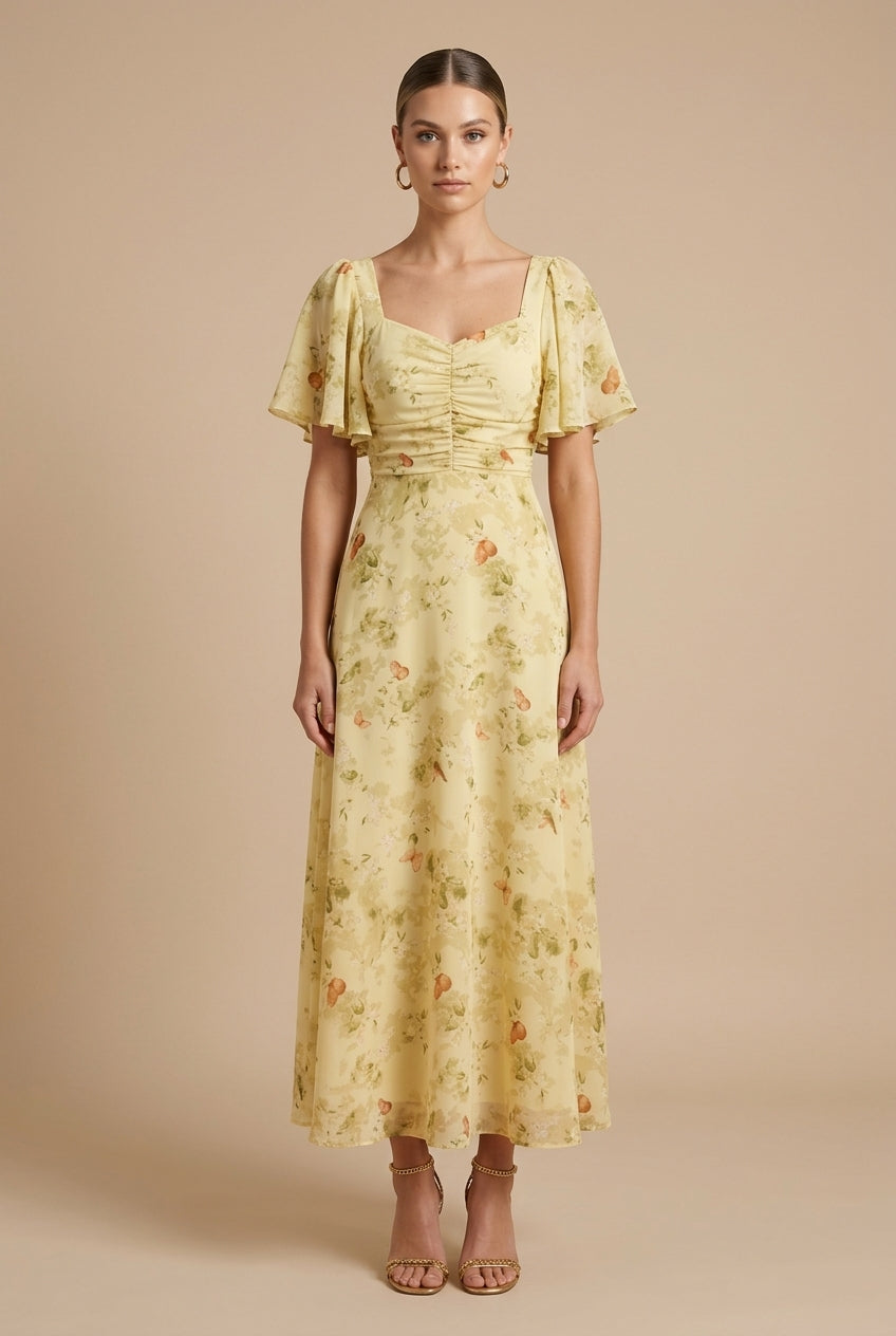 Ρεβέκα | Floral Maxi Dress με Τετράγωνη Λαιμόκοψη και Φουσκωτά Μανίκια