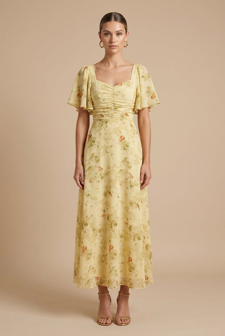 Ρεβέκα | Floral Maxi Dress με Τετράγωνη Λαιμόκοψη και Φουσκωτά Μανίκια