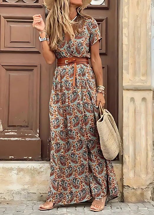 Cristiana | Μακρύ Φλοράλ Φόρεμα με Ζώνη