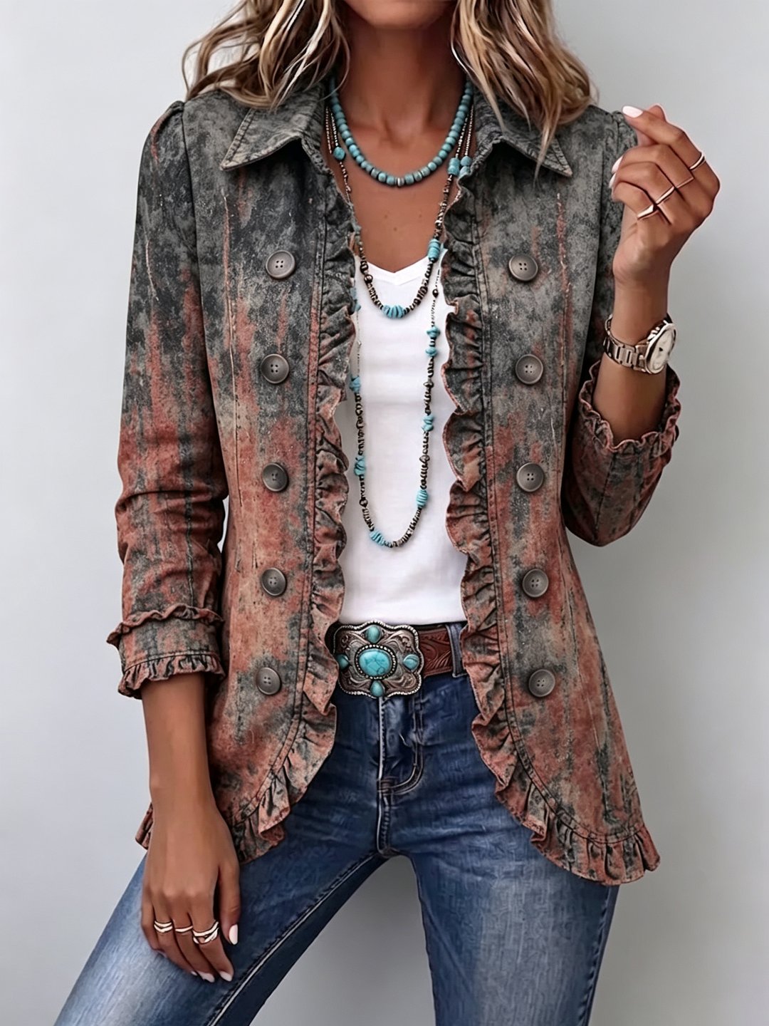 Katriona | Ruffled Jacket with Vintage Gradient Texture Print