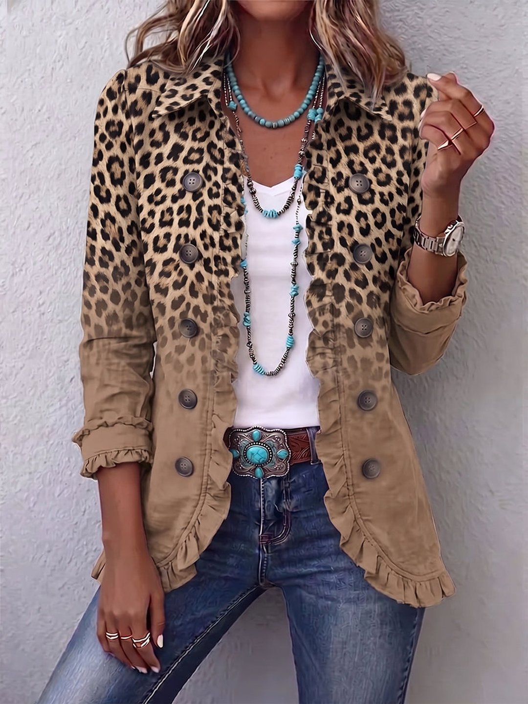 Darina | Retro Leopard Print Ruffle Jacket with Gradient Design