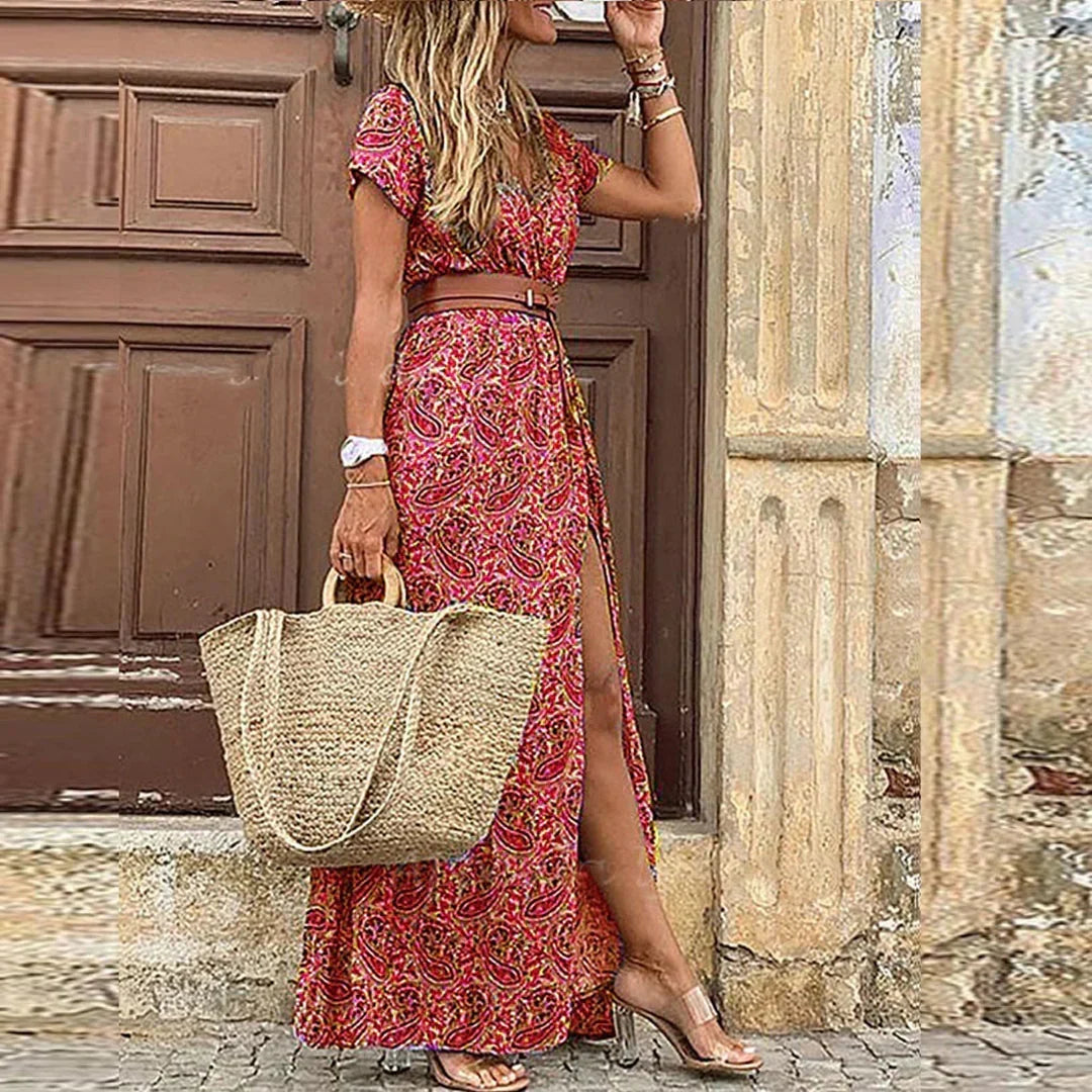 Cristiana | Μακρύ Φλοράλ Φόρεμα με Ζώνη