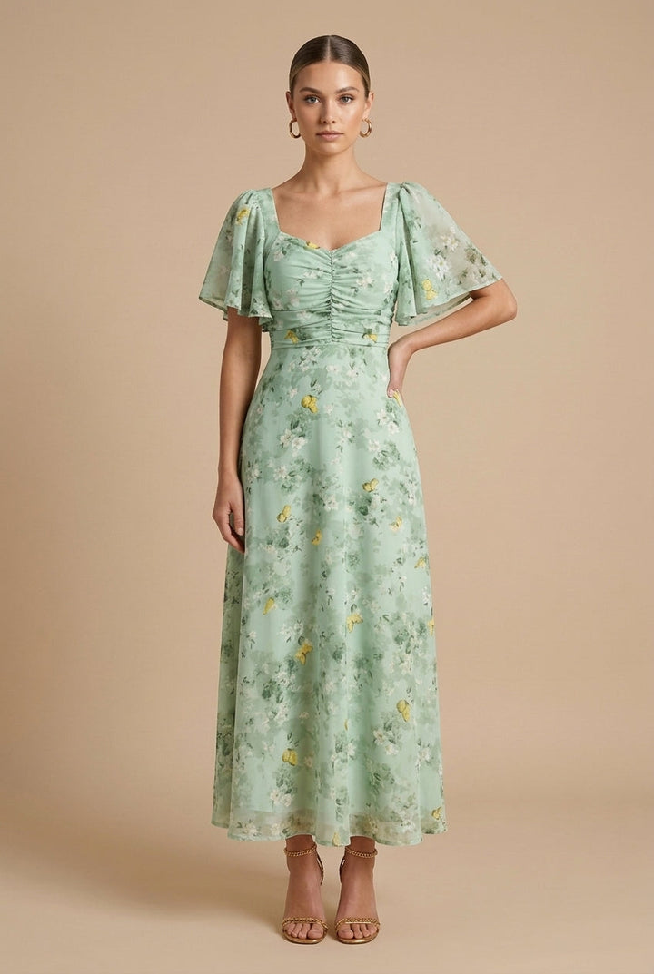 Ρεβέκα | Floral Maxi Dress με Τετράγωνη Λαιμόκοψη και Φουσκωτά Μανίκια