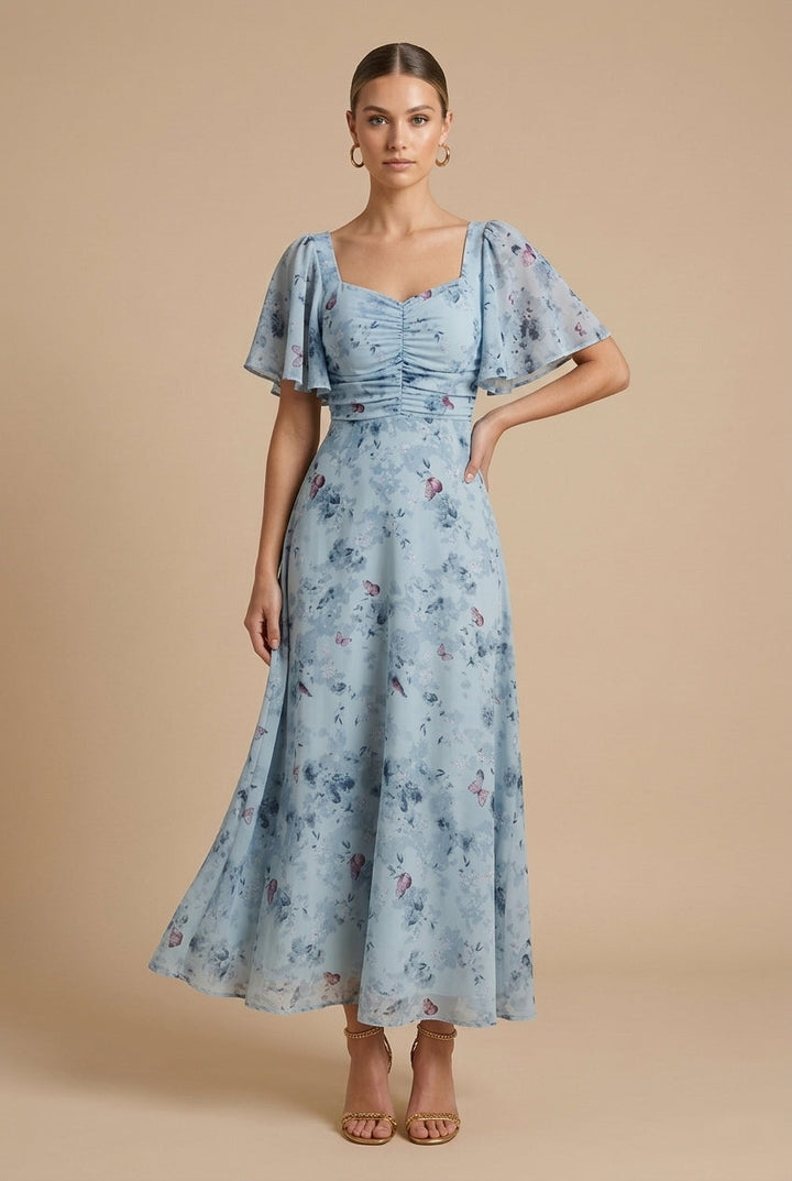 Ρεβέκα | Floral Maxi Dress με Τετράγωνη Λαιμόκοψη και Φουσκωτά Μανίκια