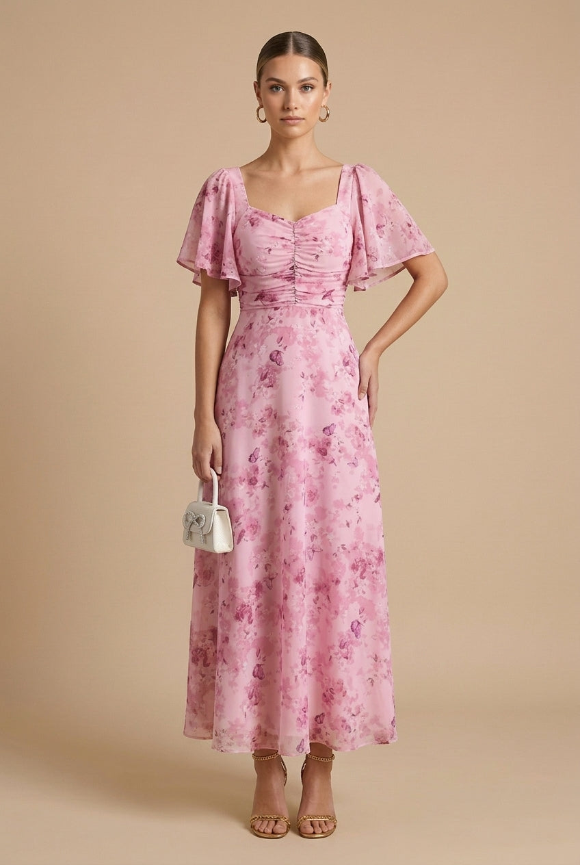 Ρεβέκα | Floral Maxi Dress με Τετράγωνη Λαιμόκοψη και Φουσκωτά Μανίκια