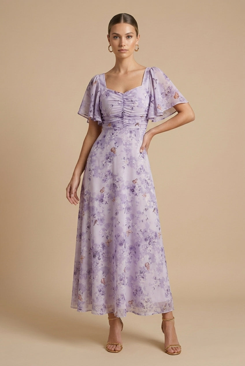 Ρεβέκα | Floral Maxi Dress με Τετράγωνη Λαιμόκοψη και Φουσκωτά Μανίκια