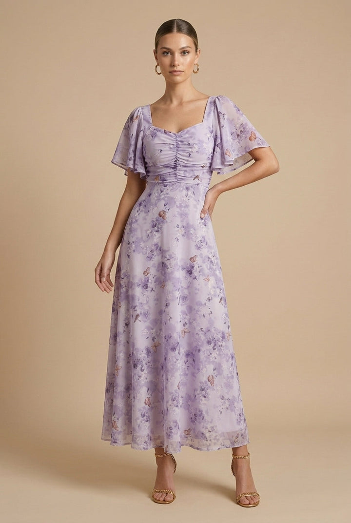 Ρεβέκα | Floral Maxi Dress με Τετράγωνη Λαιμόκοψη και Φουσκωτά Μανίκια